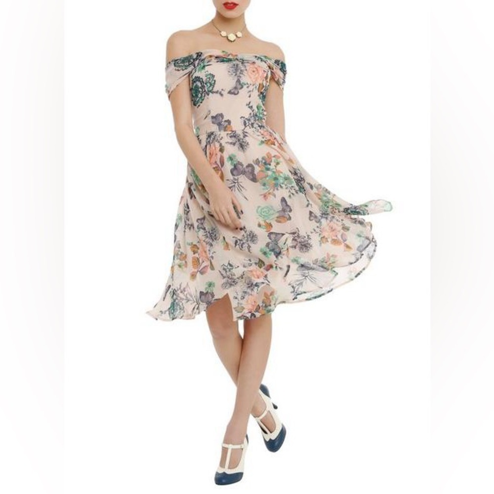 Hell Bunny Vintage Bohemian Butterfly Garden Chiffon Fairy Flare Dress M